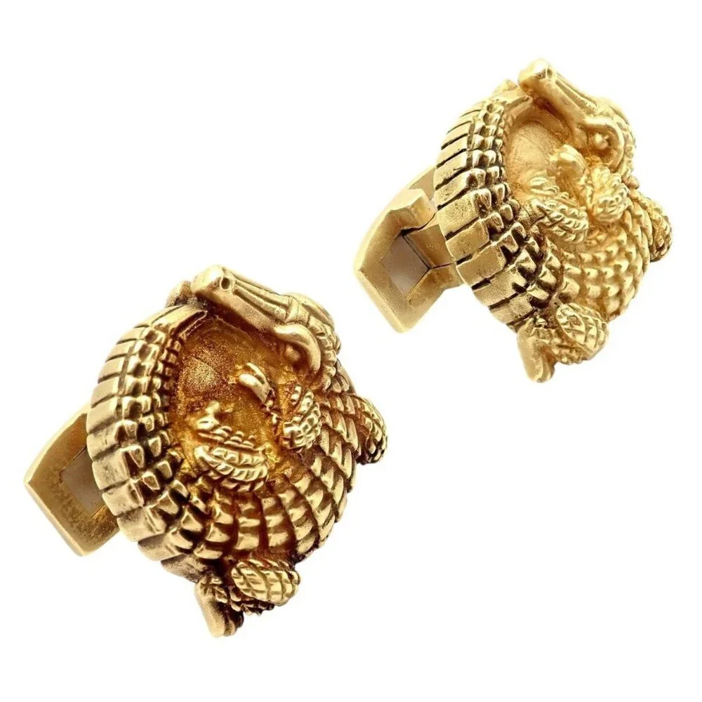 Rare! Vintage Kieselstein Cord 18k Yellow Gold Coiled Alligator Cufflinks 1980
